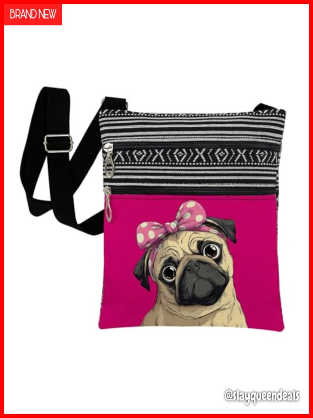 Pug Crossbody Bag Messenger Purse Adjustable Strap Polyester Dog Print